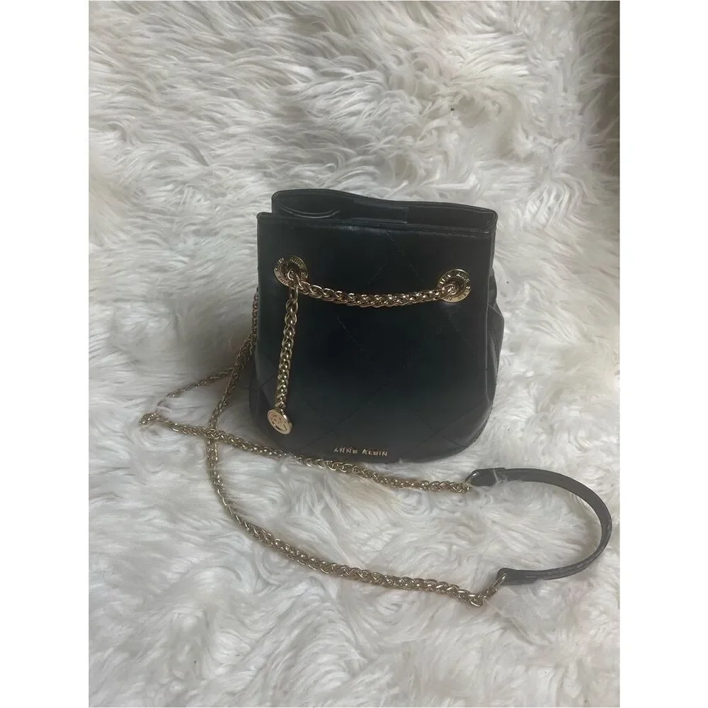 Anne Klein syntheticBlack Quilted Bucket Crossbody with Gold Chain strap &accent